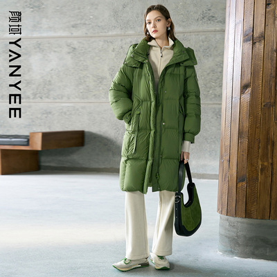 颜域绿色立领连帽羽绒服