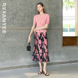 搭配一整套 颜域粉色针织衫 烧花半身裙套装 女士两件套2025夏季 新款