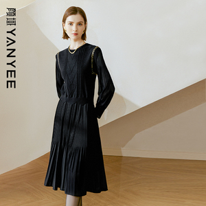 颜域黑色连衣裙春装女装2026年新款显瘦连身裙针织假两件百褶裙女