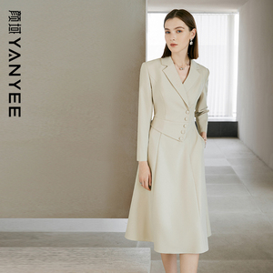 颜域西装领假两件连衣裙2026新款女士春季气质职业高级感收腰裙子