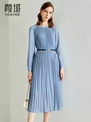 Yan domain long sleeve pleated dress women's autumn 2021 new commuter temperament elegant slim medium and long skirt