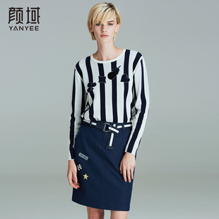 颜域品牌女装2018春装新款时尚条纹毛衣女套头圆领长袖百搭上衣