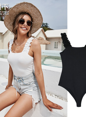 白色少女甜美修身木耳边吊带连体衣暗扣罗纹无袖小可爱夏Bodysuit