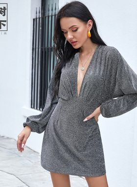 性感深V婚礼宴会晚礼服蝙蝠袖年会亮丝短裙秋Shiny evening dress