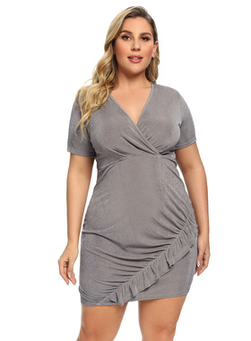 弹力抖抖布性感V领气质修身连衣裙大码胖MM夏季短袖短裙纯色高腰