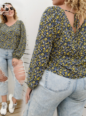 外贸大码胖MM优雅碎花长袖衬衫V领美背修长脖子上衣泡泡袖雪纺T恤