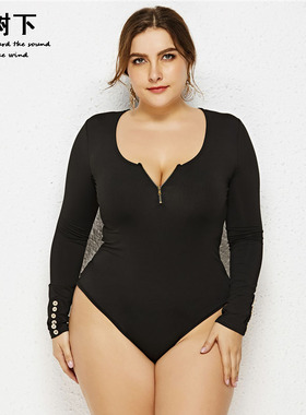 性感大码暗扣连体衣紧身衣纯色基础款Casual Bodysuit Plus Size
