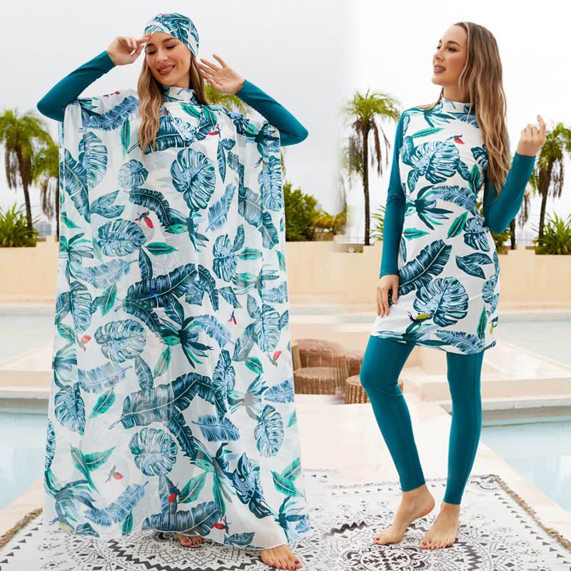 雪纺长罩衫长袖长裤泳衣四件套热带印花布基尼女burkini swimsuit