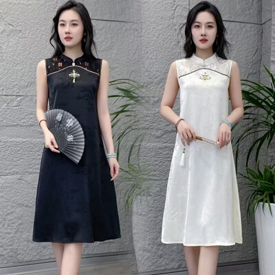 中式国风妈妈装夏季无袖旗袍裙子