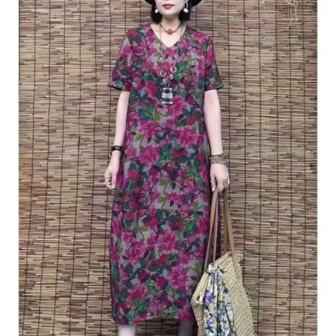妈妈装夏季新款时尚中长款连衣裙中年女装宽松简约韩版碎花裙子女