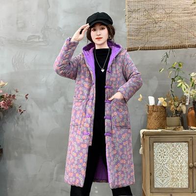 妈妈冬季国风盘扣连帽中长款棉衣