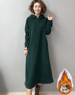冬季新款加绒高领显瘦收腰气质洋气长款纯色连帽连衣裙