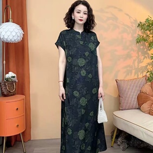 妈妈夏装新款国风复古改良旗袍裙中老年女装洋气减龄短袖宽松裙子