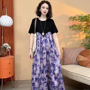 浪漫连衣裙度假风新中式夏装女士短袖拼色中年女装妈妈款海边穿搭