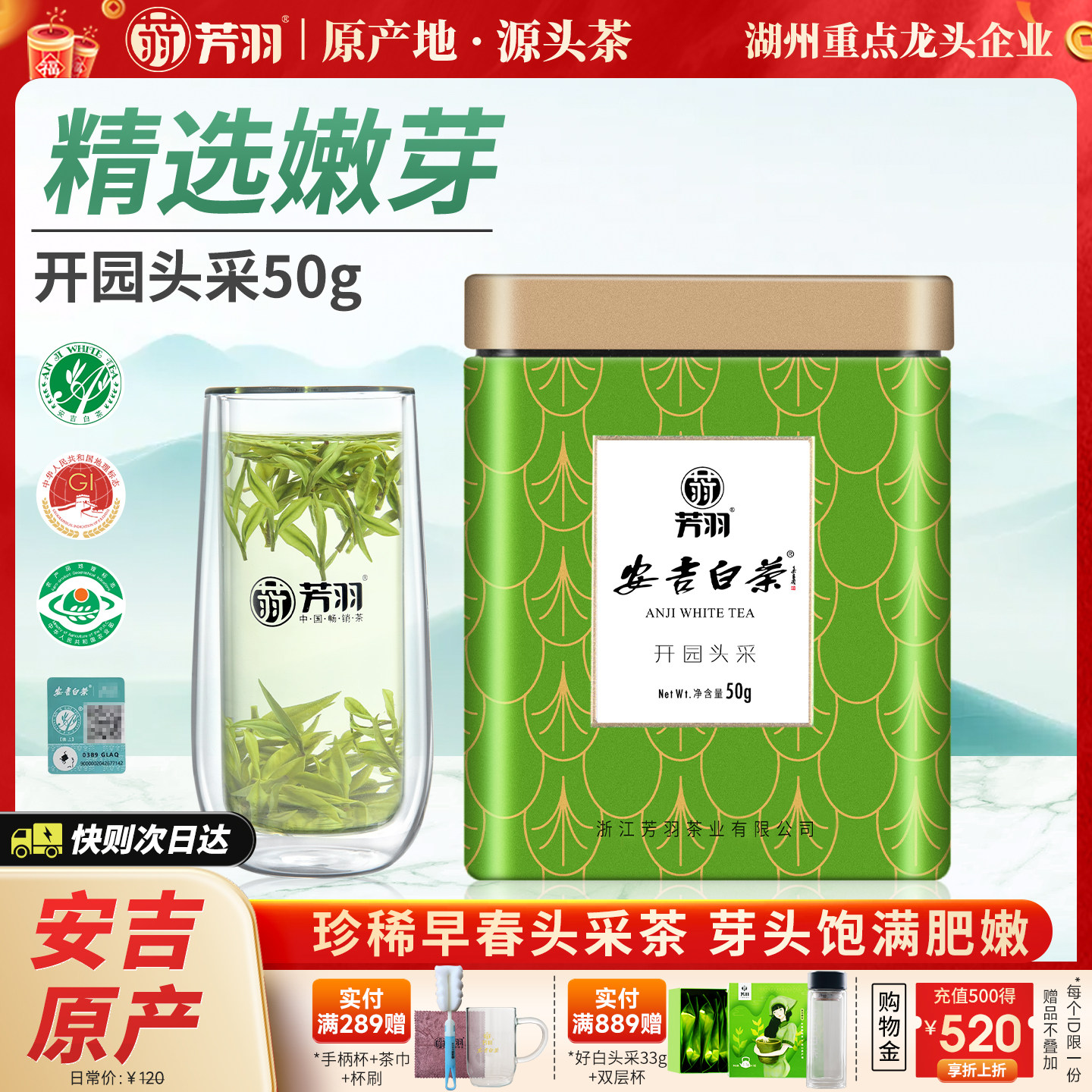 2026年新茶上市芳羽正宗安吉白茶开园头采小罐装50g明前高山茶叶