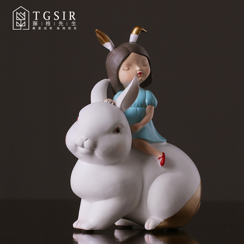 ins小女孩与兔摆件创意十二生肖少女心客厅桌面装饰品女生日礼物