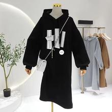 oversize连帽卫衣裙女长袖宽松加绒加厚中长款过膝连衣裙秋冬新款