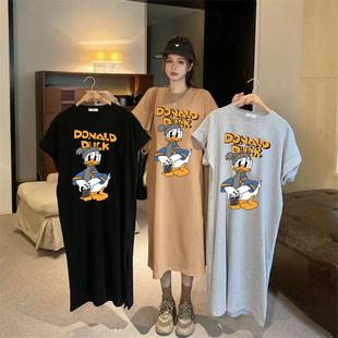 衣服中长款 大码 t恤连衣裙夏季 女装 过膝裙子胖mm显瘦长裙 圆领短袖