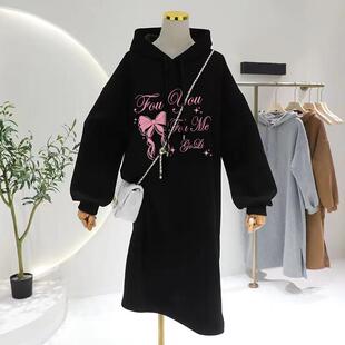 中长款 胖mm宽松加厚孕妇外套潮 加绒大码 卫衣连衣裙女秋冬2024新款