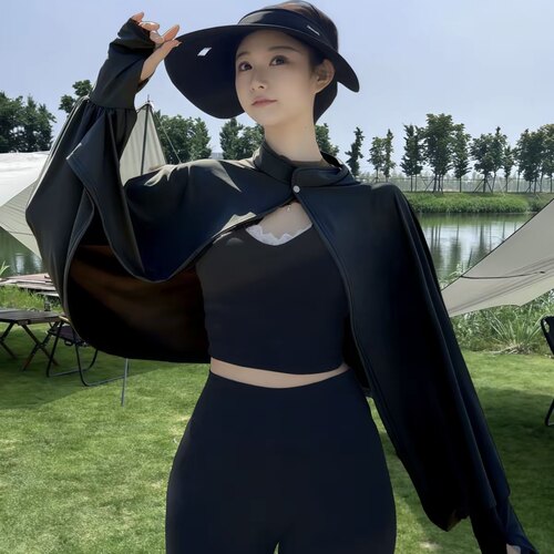 防晒衣披肩袖套一体斗篷女夏季短款薄外套骑车防紫外线冰丝防晒服
