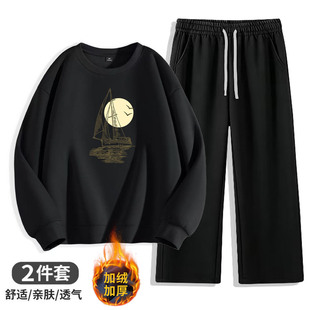 新款保暖冬天休闲运动套装男冬季加绒加厚卫衣两件套宽松印花