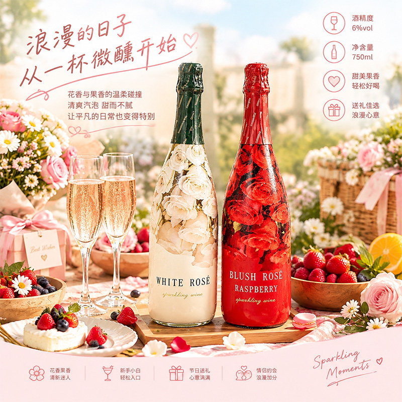玫瑰起泡酒覆盆子甜型气泡酒女士低度微醺果酒聚会高颜值葡萄酒