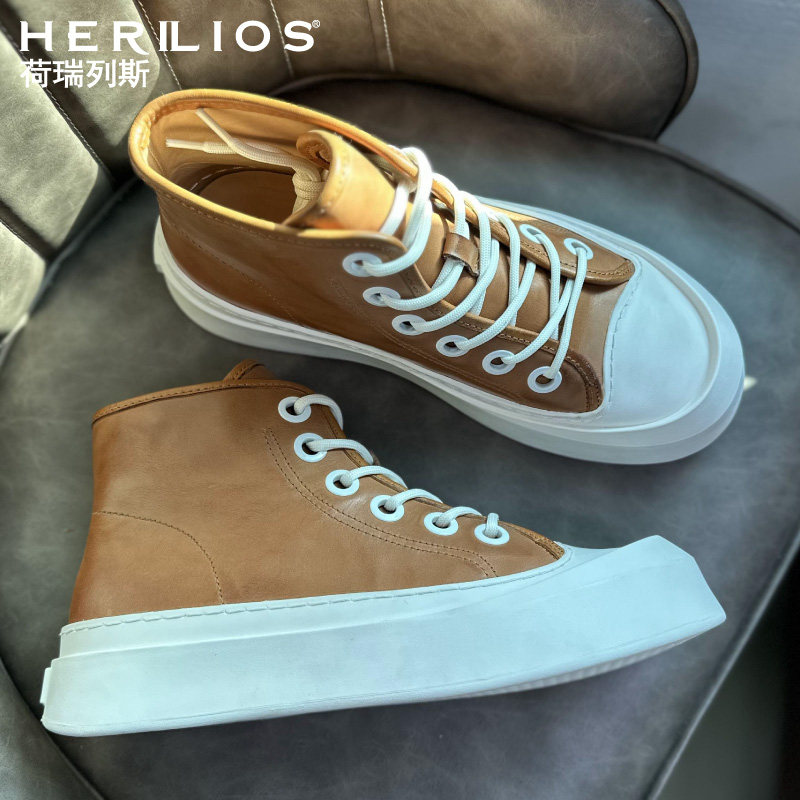 HERILIOS/荷瑞列斯秋冬马皮轻奢高帮鞋男士系带厚底休闲板鞋潮鞋