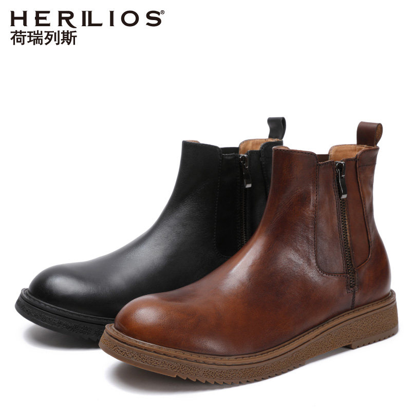 HERILIOS秋冬英伦复古真皮切尔西靴韩版时尚做旧皮靴厚底工装靴子