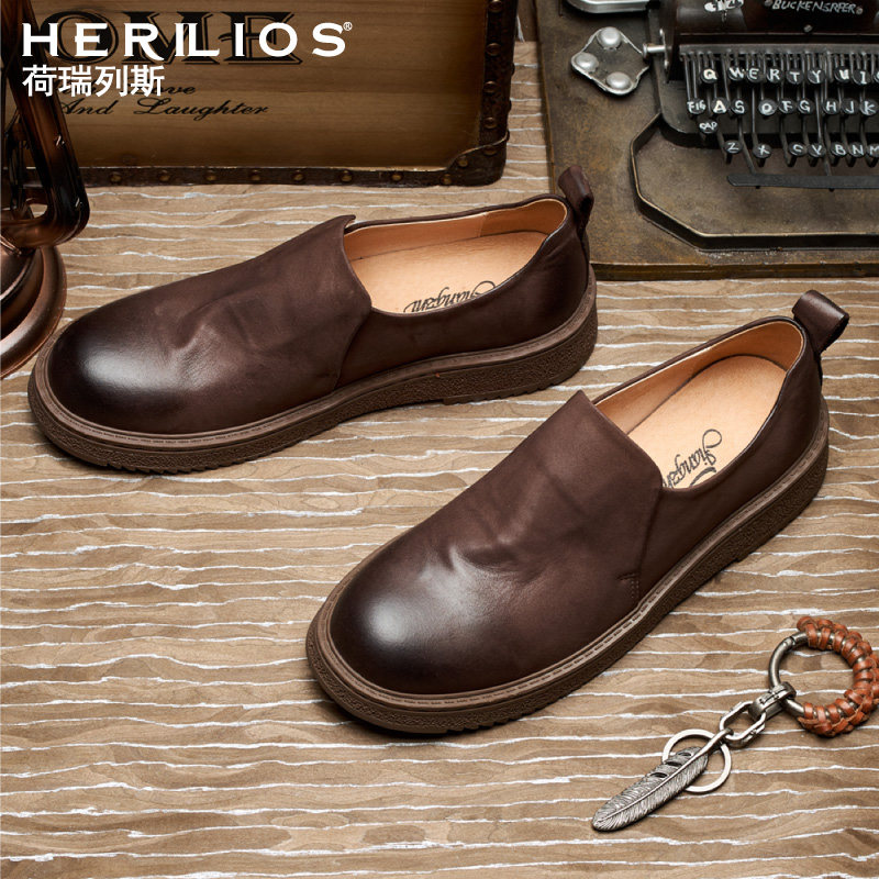 herilios男士时尚真皮复古做旧低帮鞋一脚蹬单鞋英伦休闲皮鞋圆头