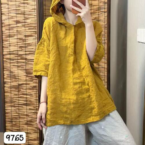 中袖亚麻帽衫T恤女个性宽松百搭
