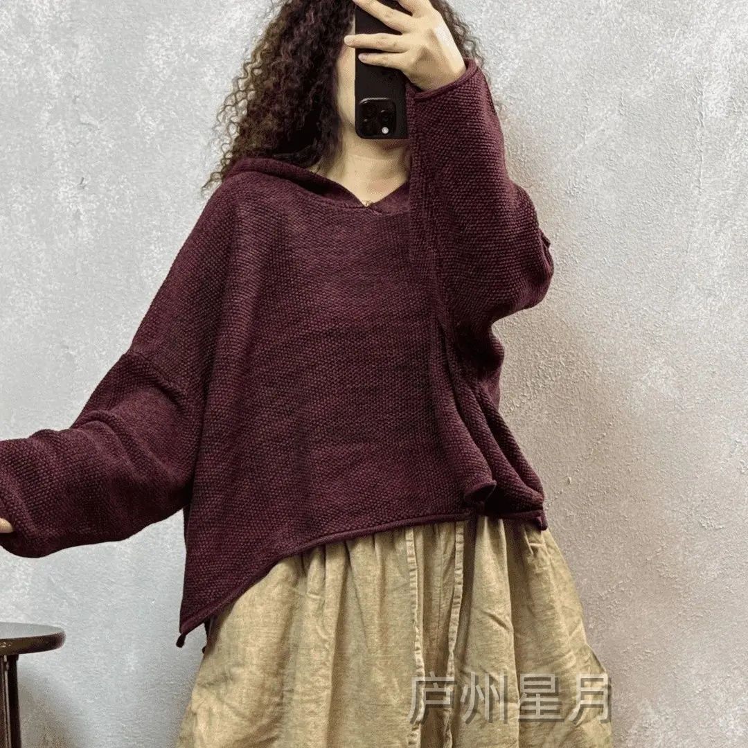 新款个性色织长袖连帽毛衣女复古休闲宽松百搭短款棉线针织衫上衣