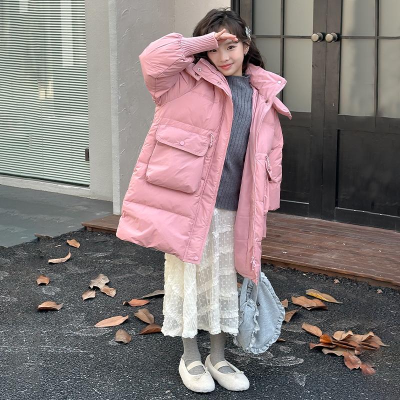 女孩白鸭绒羽绒服中长款保暖2025