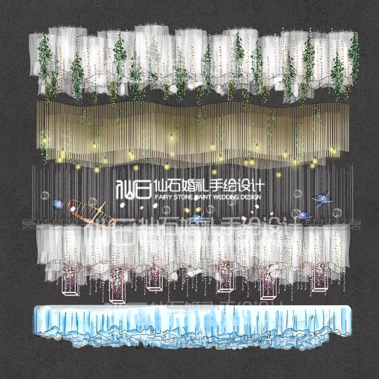 C108飘纱树叶顶星球灯云纱线帘psd婚礼手绘道具素材PSD文件