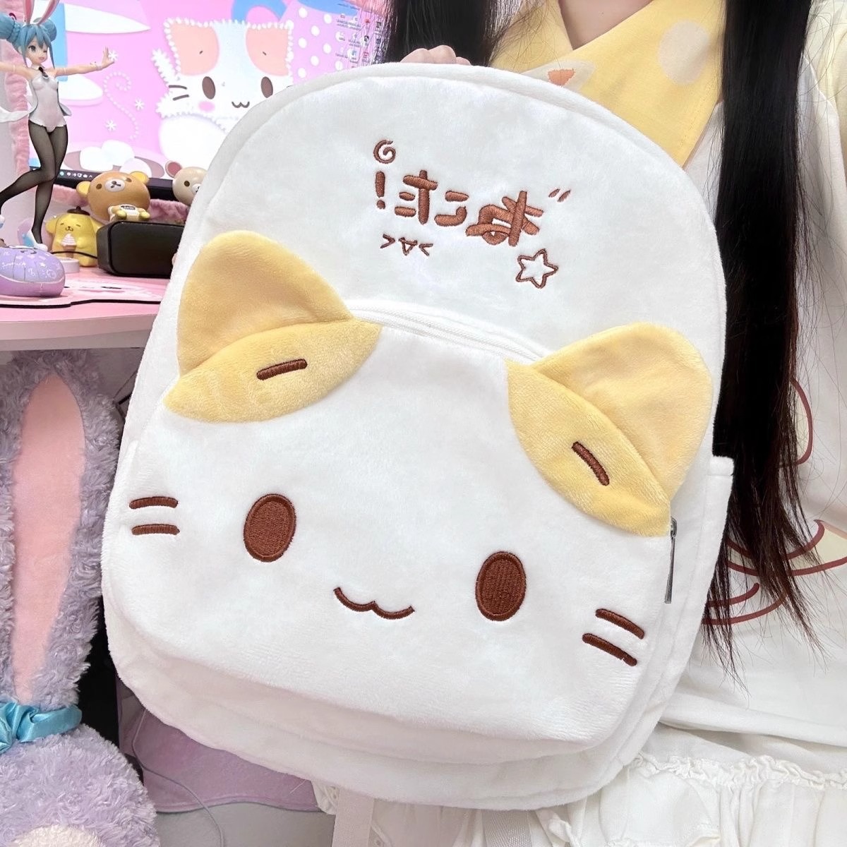 棉花糖猫卡通学生双肩包毛绒大容量女生外出可爱小猫背包小众书包