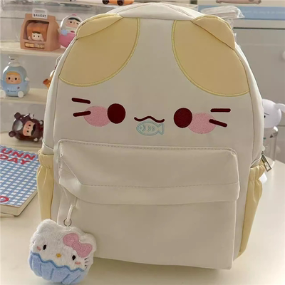 韩系ins撞色可爱吃鱼的小猫双肩包迷你刺绣精致百搭甜妹书包潮