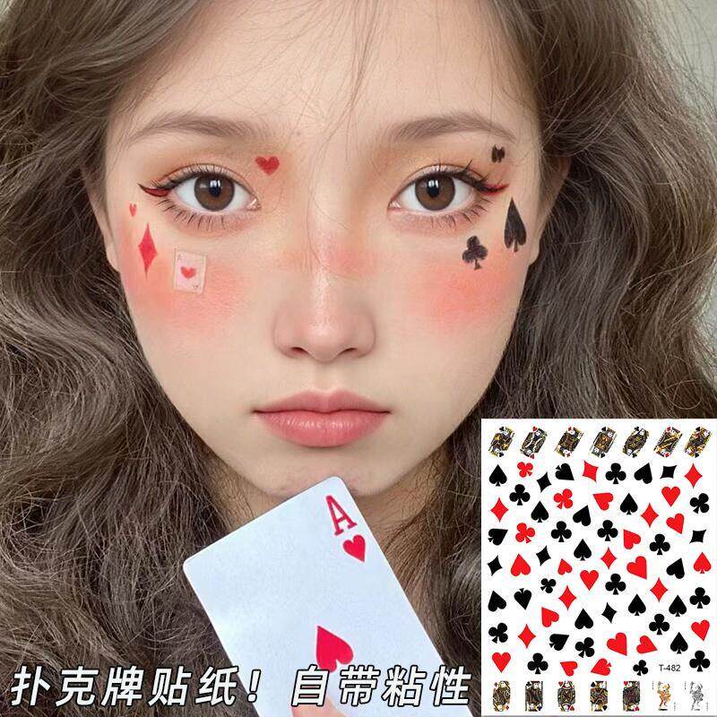爆款扑克牌小丑万圣节妆容纹身贴 ins风脸部个性潮酷辣妹 cos贴纸