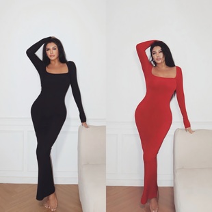 LAPINKY欧美卡戴珊同款大方领长袖连衣裙辣妹修身性感显瘦长裙女