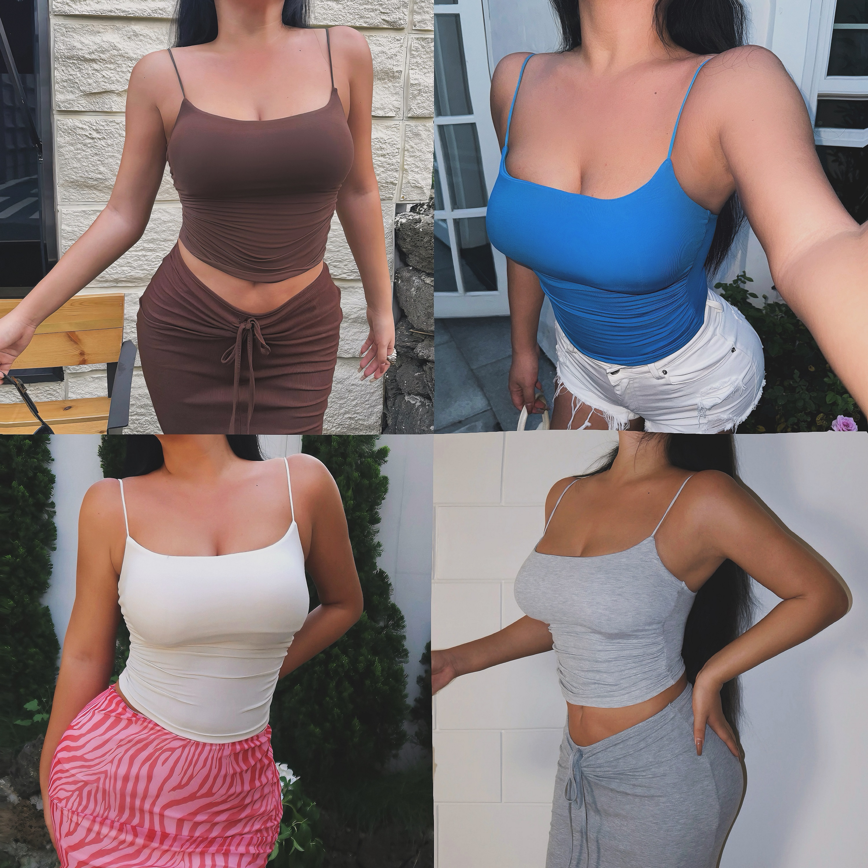 高弹性感褶皱吊带背心欧美