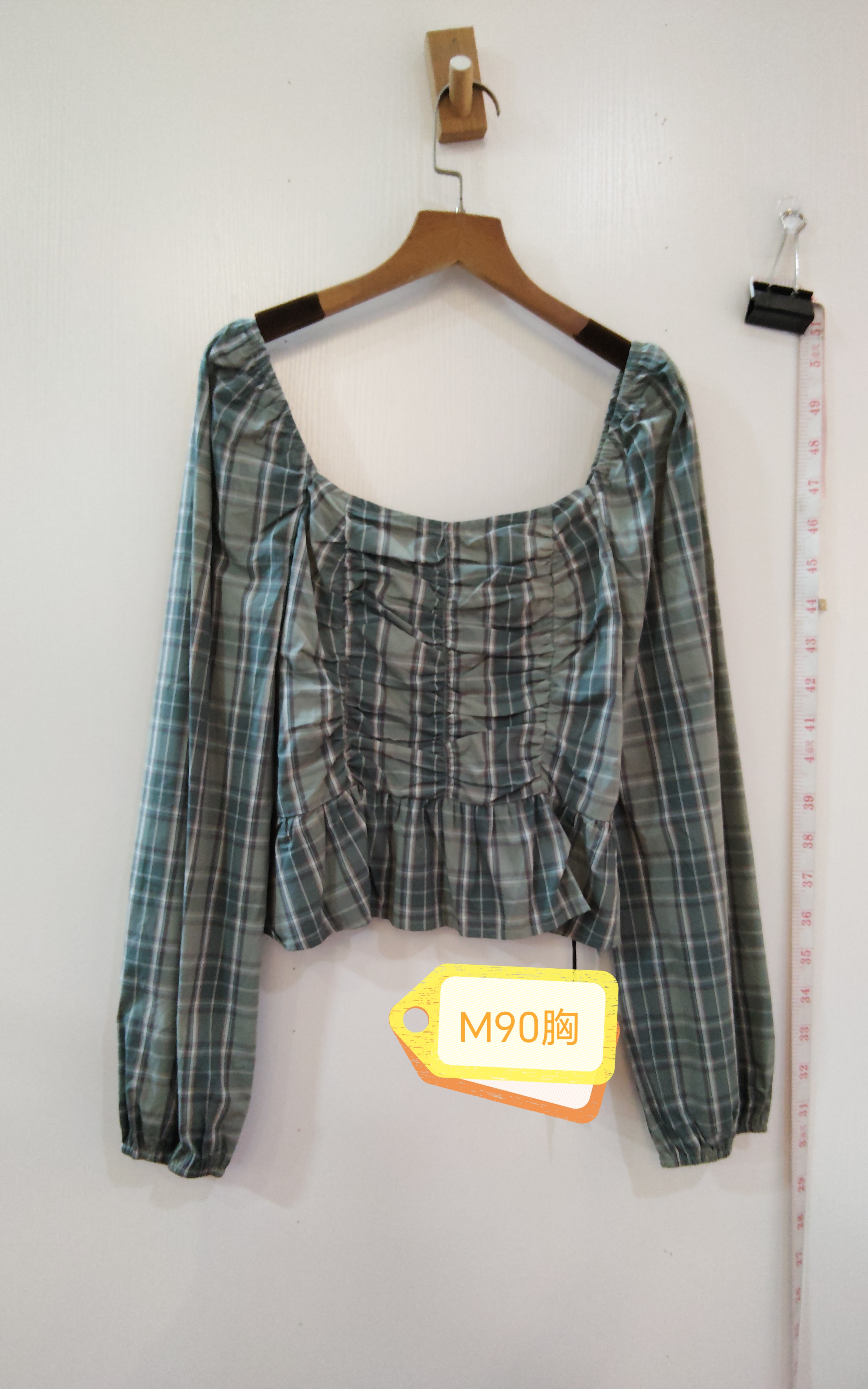 绿色格子弹力衬衫长袖上衣  咨询库存下单 90胸