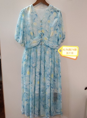 蓝色印花休闲简约连衣裙 咨询库存下单 96胸