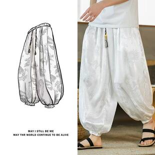 中国风冰丝龙纹暗花九分裤男夏季薄款束脚阔腿灯笼裤宽松复古九分