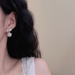 S925银针珠蝴蝶结耳环甜美少女小清新轻奢气质耳钉