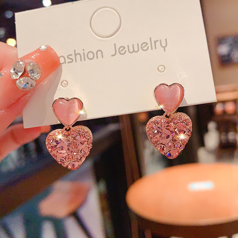 粉色满钻爱心方形耳钉精致小巧个性耳环气质可爱百搭耳饰