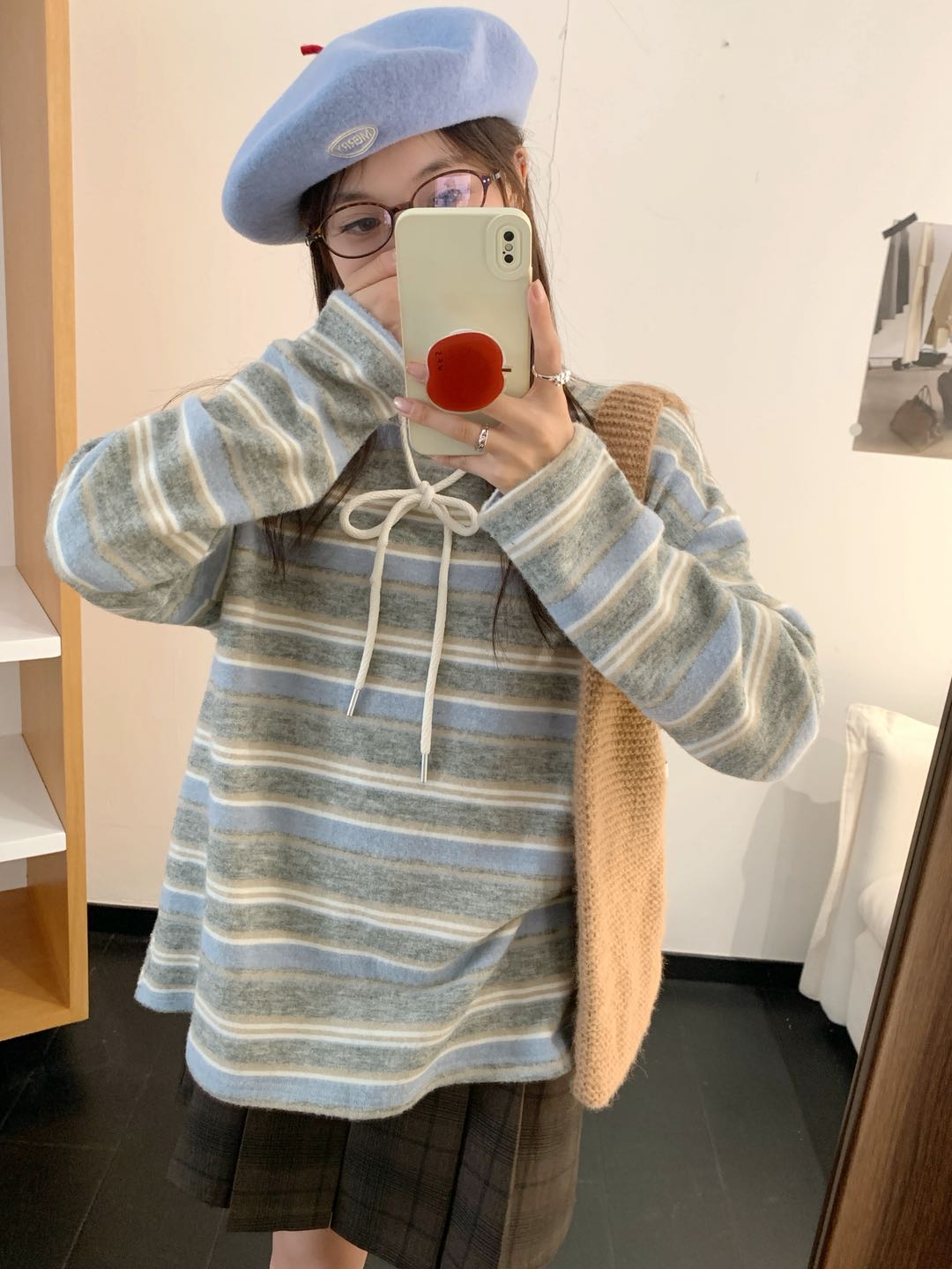 半盐 秋冬毛毛暖和厚实条纹抽绳蝴蝶结卫衣韩系宽松少女上衣