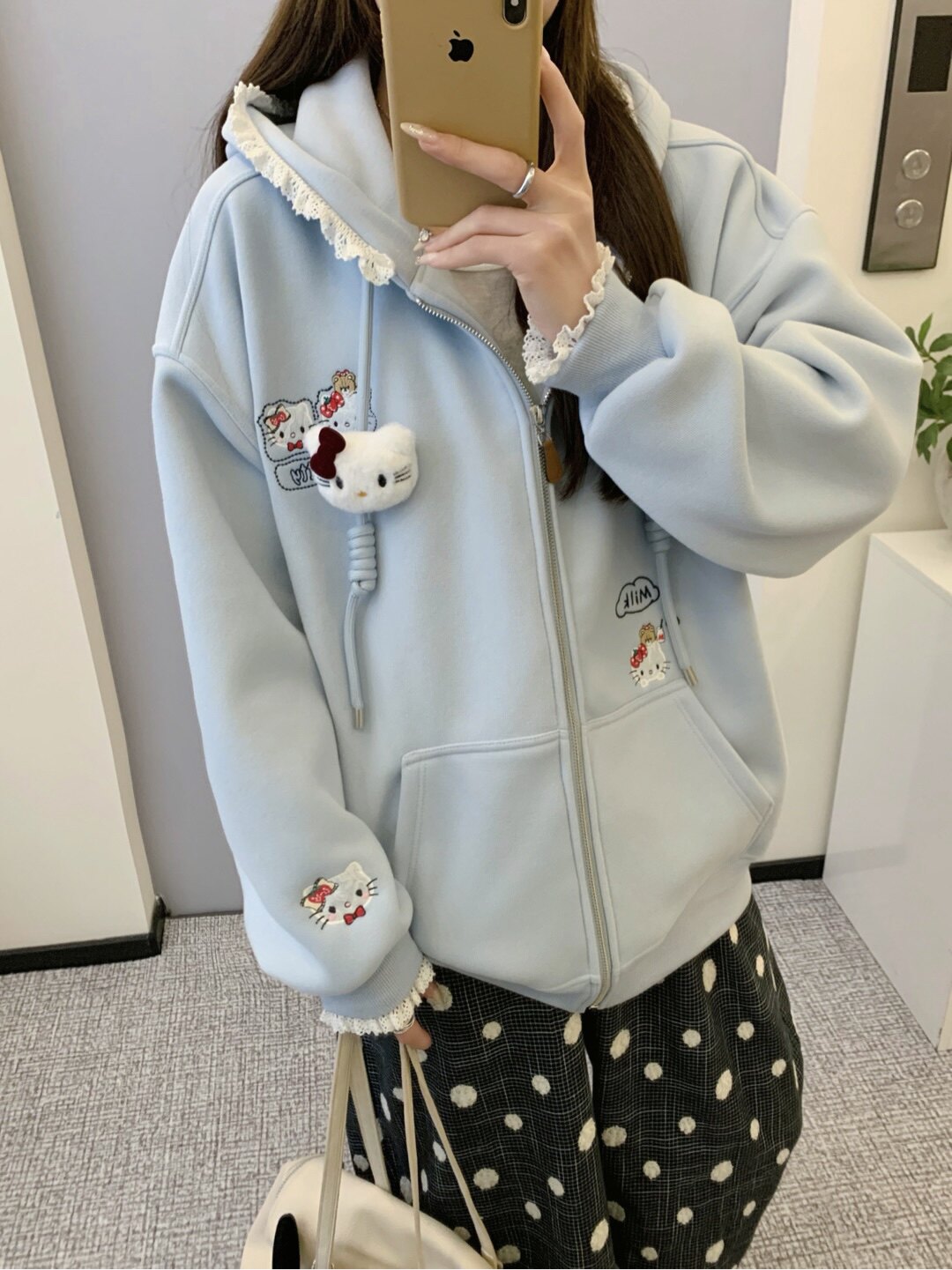 半盐 秋冬连帽加绒卫衣外套kitty蕾丝宽松纯色韩系休闲上衣
