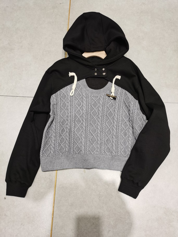 欧洲站MIAOMIAO2025秋冬加绒前面拼针织露领休闲卫衣衫加厚女上衣