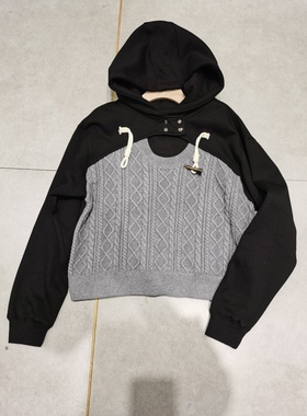 欧洲站MIAOMIAO2025秋冬加绒前面拼针织露领休闲卫衣衫加厚女上衣