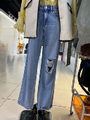 欧洲站直筒破洞牛仔裤 子显瘦垂感显腿长拖地裤 女 2025年新款 包邮