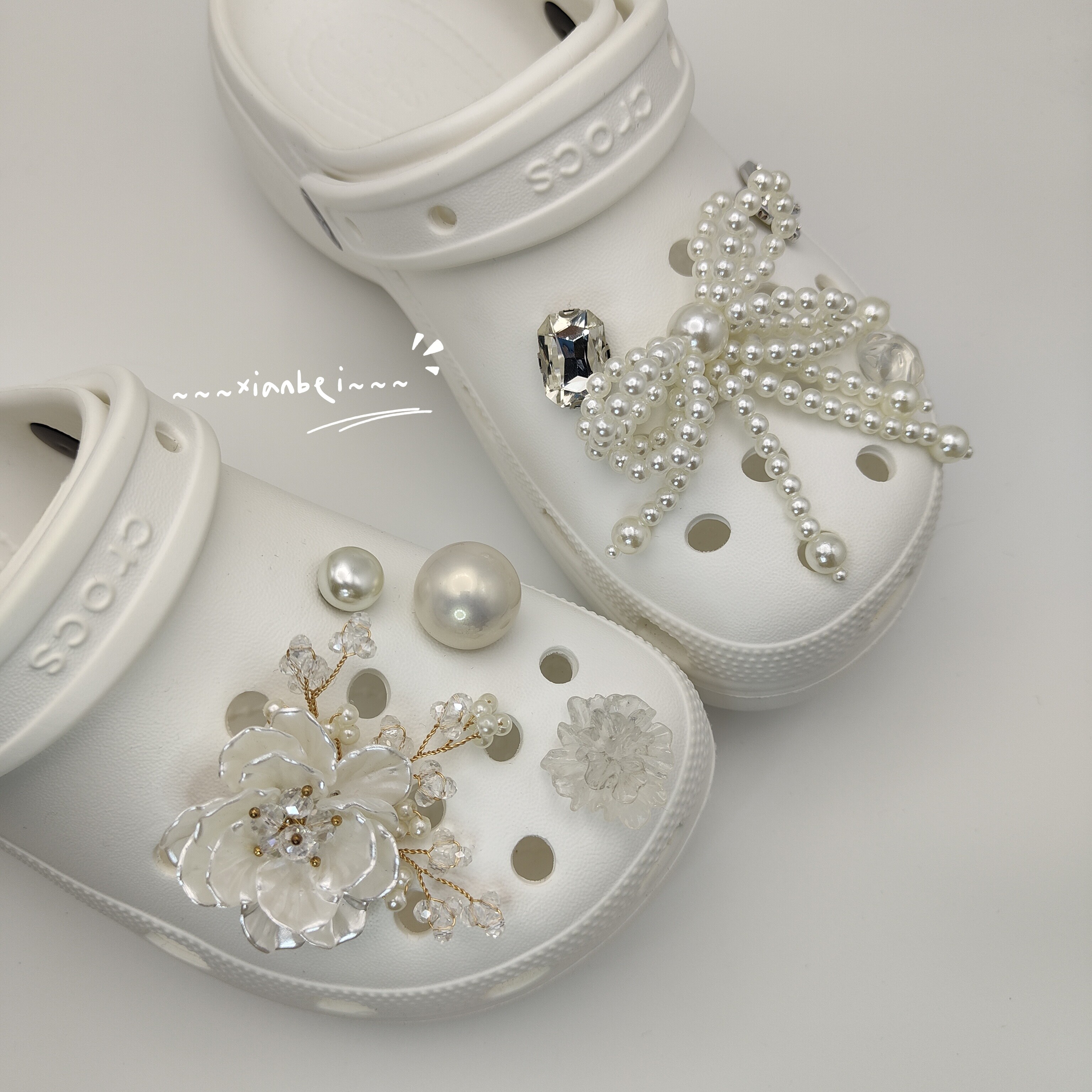 巴洛克重工水晶铜丝花珍珠蝴蝶结鞋花适配crocs白色洞洞鞋鞋扣