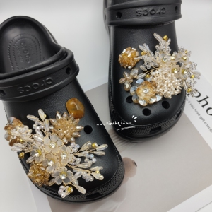 金玉满堂~重工铜丝金丝花水晶钻石鞋花适配crocs黑色洞洞鞋鞋饰